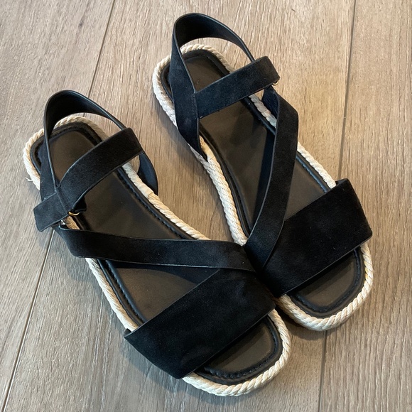 Vince Shoes - VINCE Eliana Espadrille Sandal Black Suede Velcro Side Straps Size